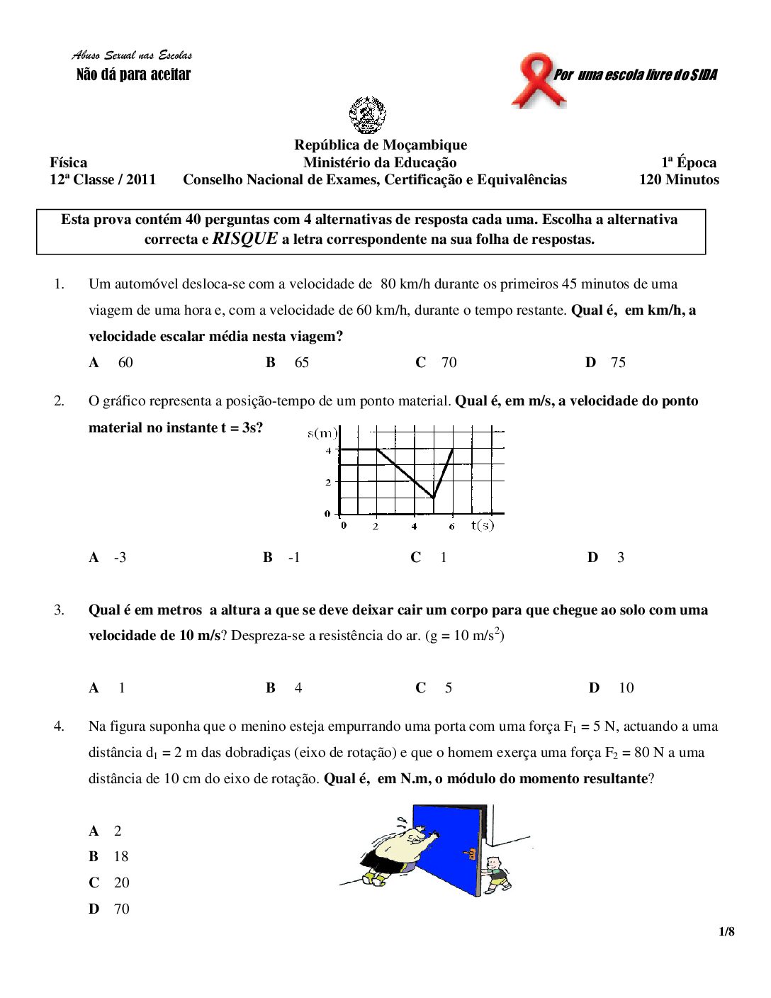 Física – 2011 da 12ª Classe – 1ª Chamada (Enunciado e Resolução do Exame Final em PDF)
