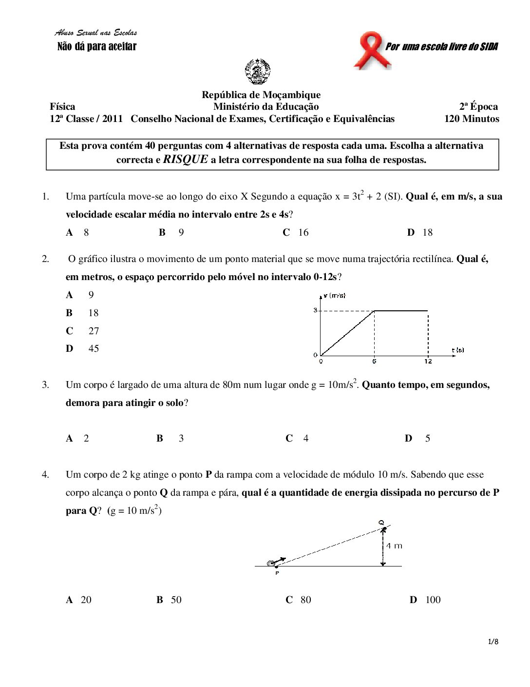 Física – 2011 da 12ª Classe – 2ª Chamada (Enunciado e Resolução do Exame Final em PDF)