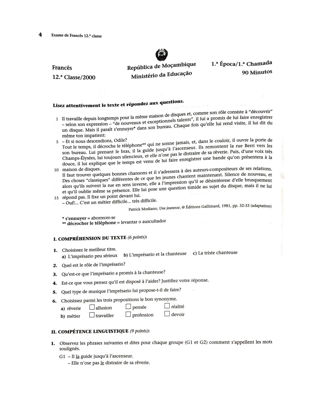 Francês – 2000 da 12ª Classe – 1ª Chamada (Enunciado e Resolução do Exame Final em PDF)