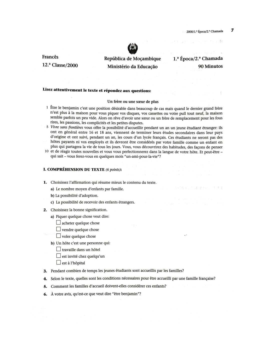 Francês – 2000 da 12ª Classe – 2ª Chamada (Enunciado e Resolução do Exame Final em PDF)