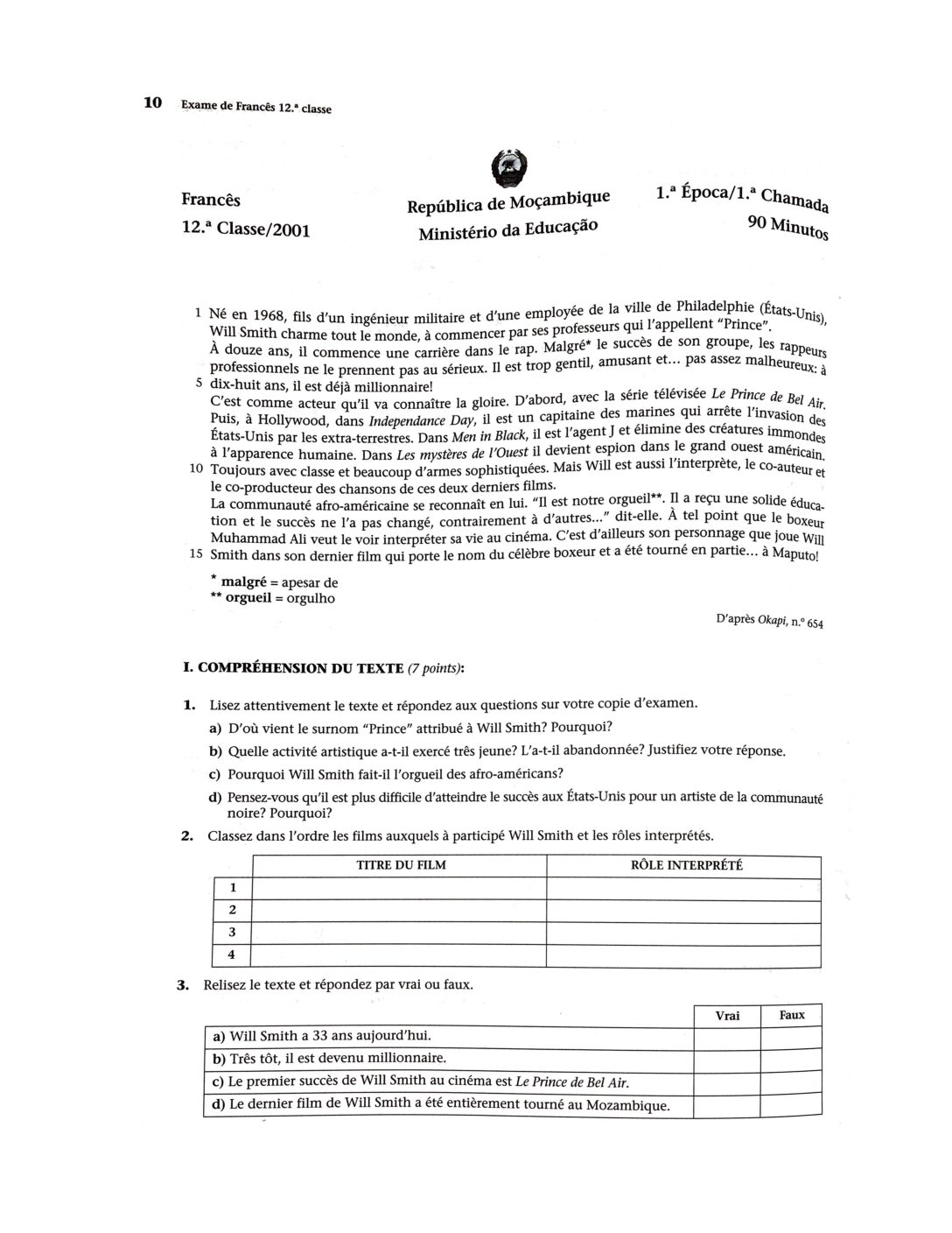 Francês – 2001 da 12ª Classe – 1ª Chamada (Enunciado e Resolução do Exame Final em PDF)