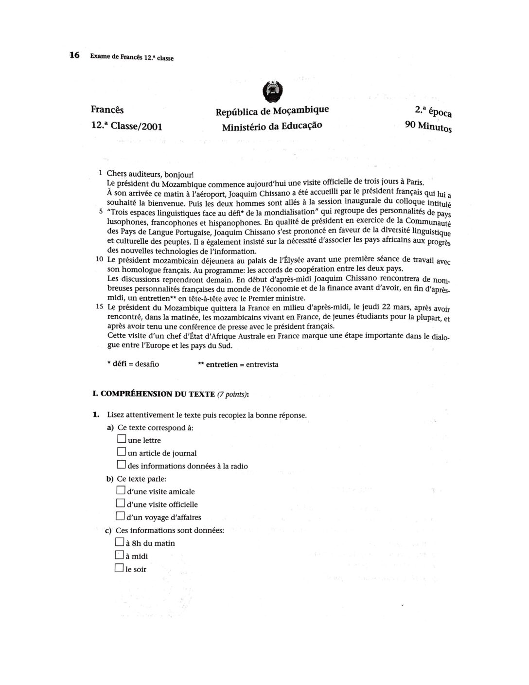 Francês – 2001 da 12ª Classe – 2ª Chamada (Enunciado e Resolução do Exame Final em PDF)