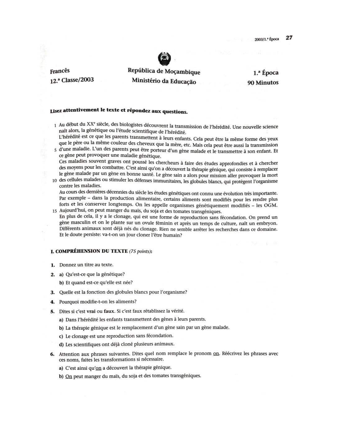 Francês – 2003 da 12ª Classe – 1ª Chamada (Enunciado e Resolução do Exame Final em PDF)