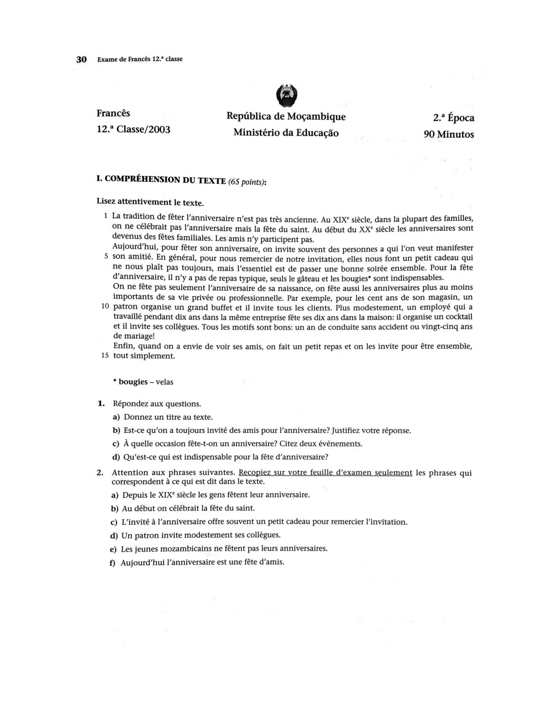 Francês – 2003 da 12ª Classe – 2ª Chamada (Enunciado e Resolução do Exame Final em PDF)