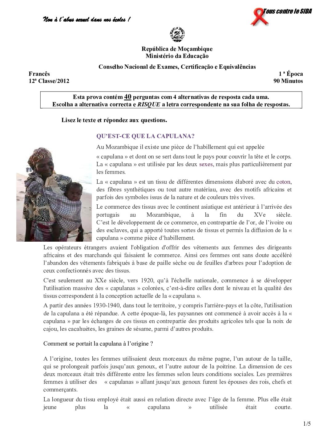 Francês – 2012 da 12ª Classe – 1ª Chamada (Enunciado e Resolução do Exame Final em PDF)