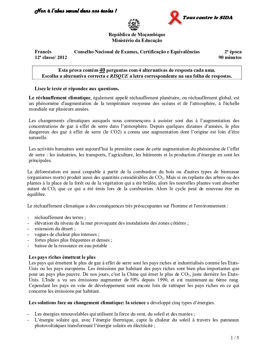 Francês – 2012 da 12ª Classe – 2ª Chamada (Enunciado e Resolução do Exame Final em PDF)