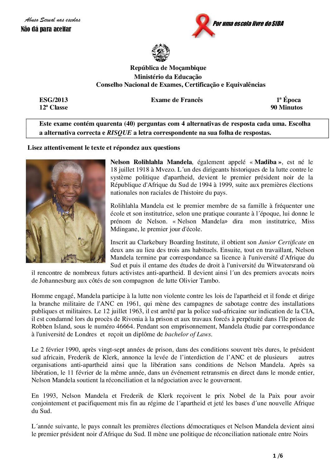 Francês – 2013 da 12ª Classe – 1ª Chamada (Enunciado e Resolução do Exame Final em PDF)