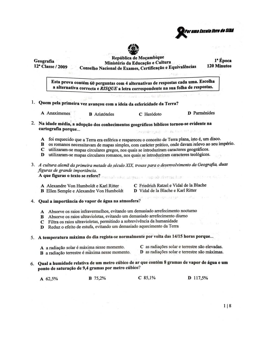 Geografia – 2009 da 12ª Classe – 1ª Chamada (Enunciado e Resolução do Exame Final em PDF)