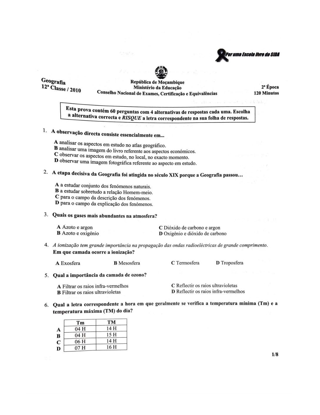 Geografia – 2010 da 12ª Classe – 2ª Chamada (Enunciado e Resolução do Exame Final em PDF)