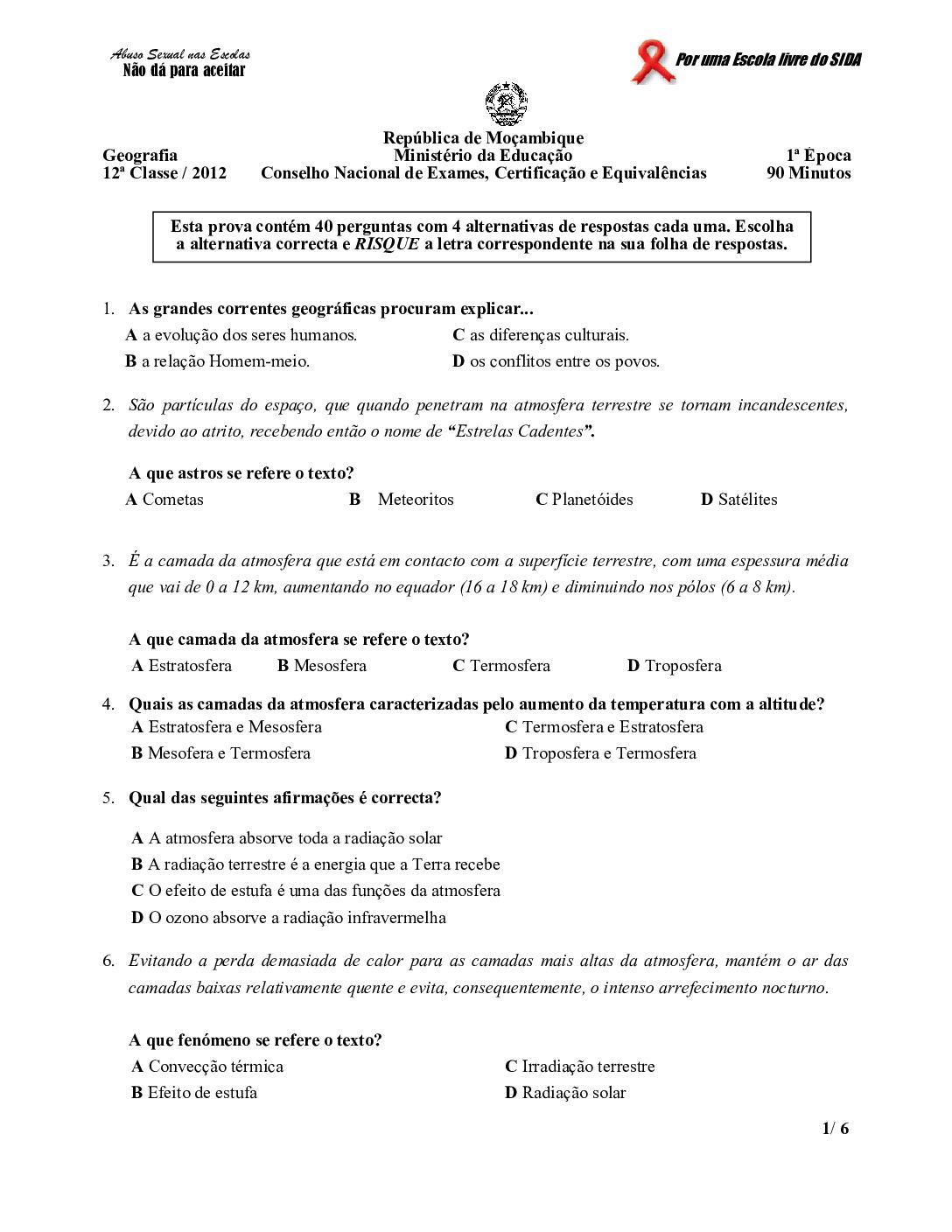 Geografia – 2012 da 12ª Classe – 1ª Chamada (Enunciado e Resolução do Exame Final em PDF)