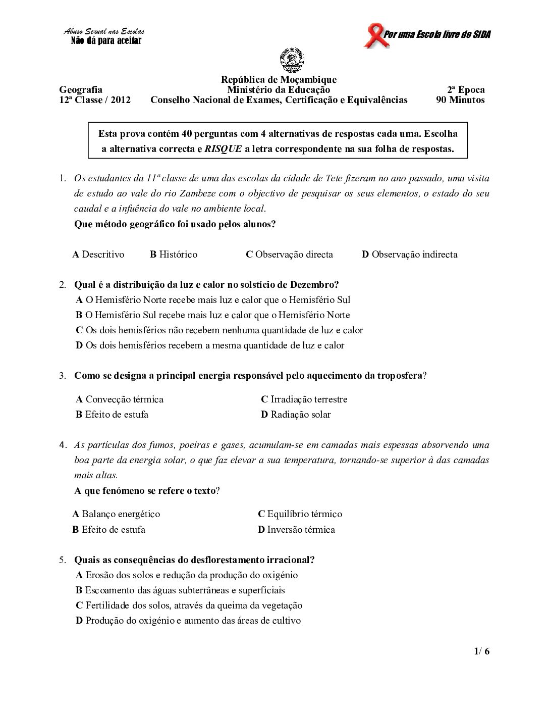 Geografia – 2012 da 12ª Classe – 2ª Chamada (Enunciado e Resolução do Exame Final em PDF)