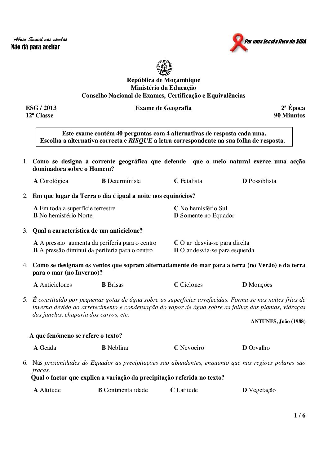 Geografia – 2013 da 12ª Classe – 2ª Chamada (Enunciado e Resolução do Exame Final em PDF)