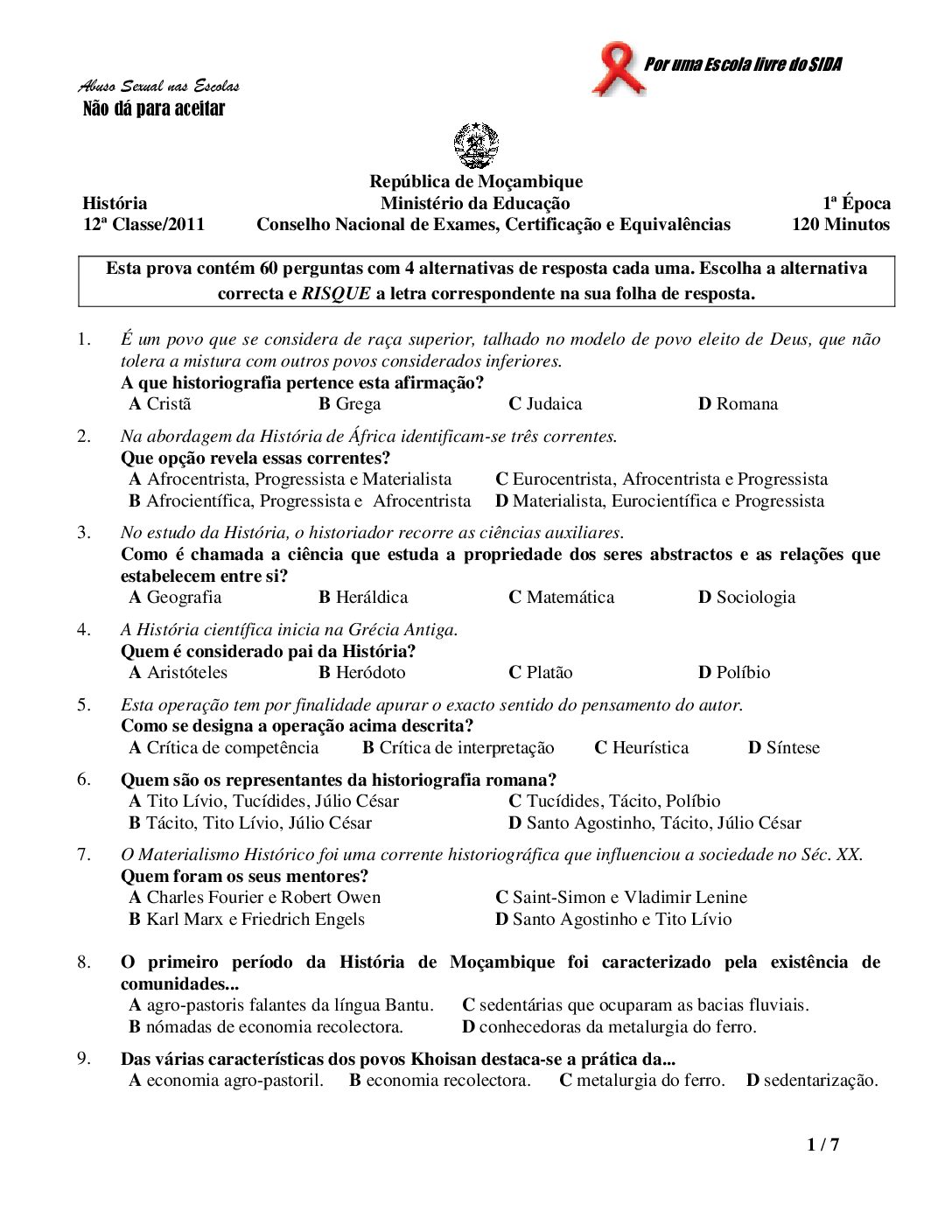 História – 2011 da 12ª Classe – 1ª Chamada (Enunciado e Resolução do Exame Final em PDF)