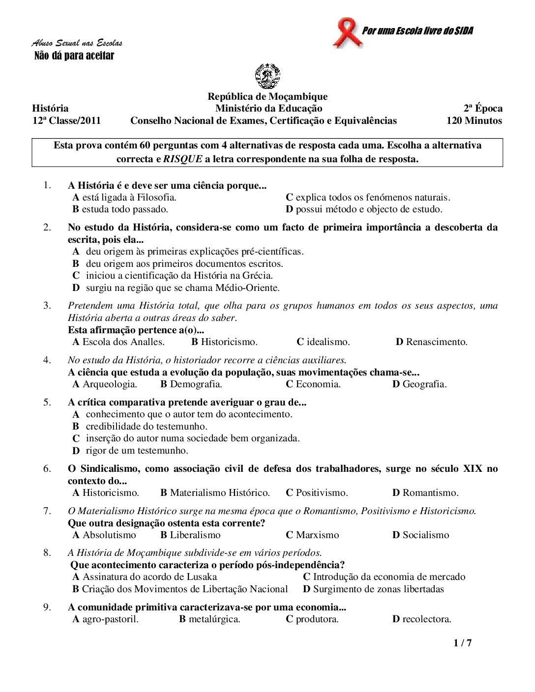 História – 2011 da 12ª Classe – 2ª Chamada (Enunciado e Resolução do Exame Final em PDF)