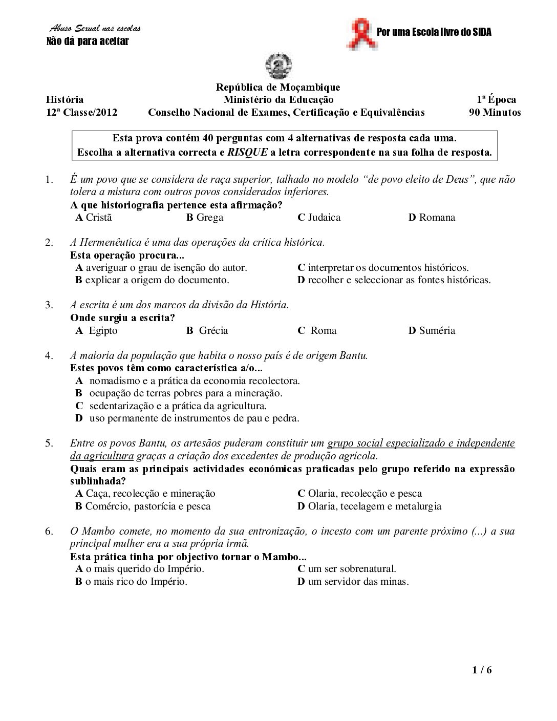 História – 2012 da 12ª Classe – 1ª Chamada (Enunciado e Resolução do Exame Final em PDF)