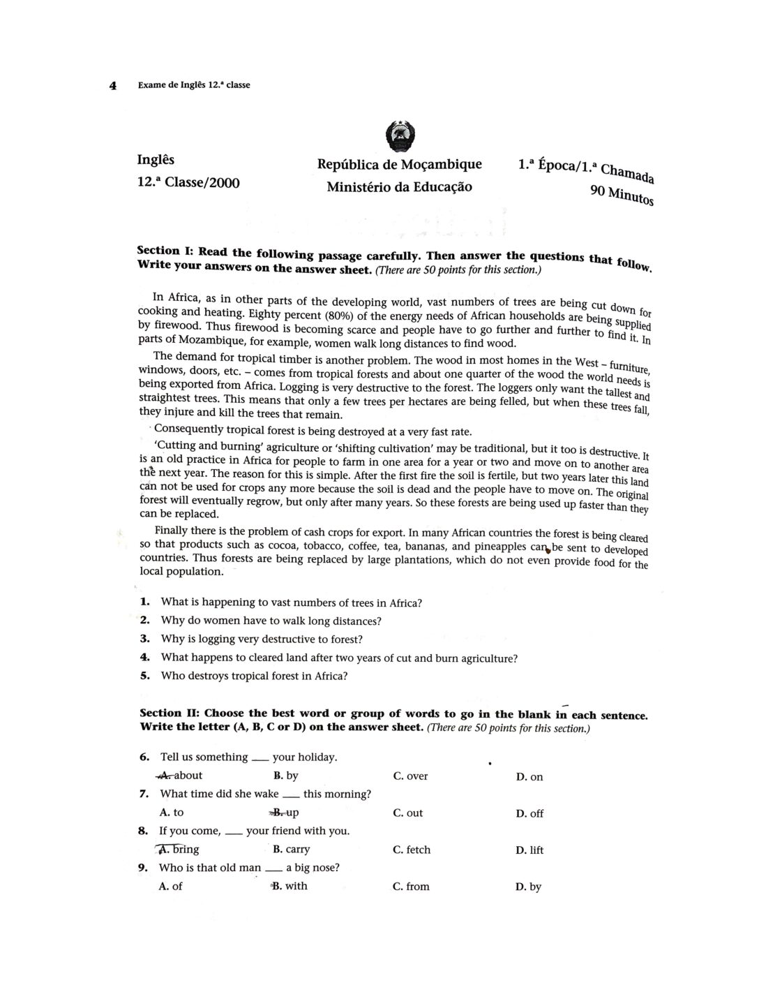 Inglês – 2000 da 12ª Classe – 1ª Chamada (Enunciado e Resolução do Exame Final em PDF)