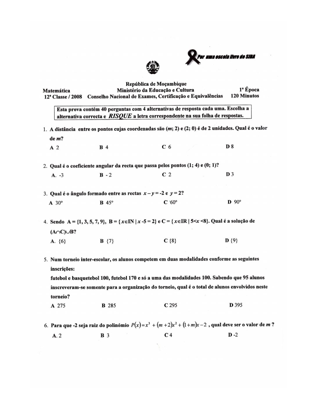 Matemática – 2008 da 12ª Classe – 1ª Chamada (Enunciado e Resolução do Exame Final em PDF)