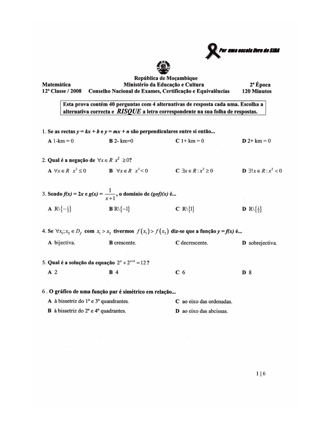 Matemática – 2008 da 12ª Classe – 2ª Chamada (Enunciado e Resolução do Exame Final em PDF)