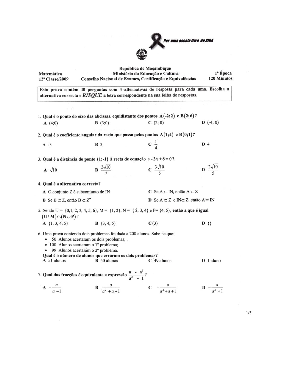 Matemática – 2009 da 12ª Classe – 1ª Chamada (Enunciado e Resolução do Exame Final em PDF)