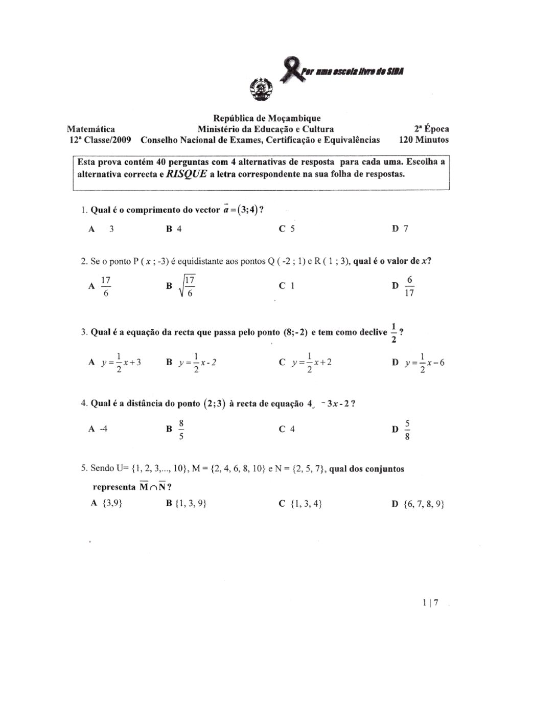 Matemática – 2009 da 12ª Classe – 2ª Chamada (Enunciado e Resolução do Exame Final em PDF)