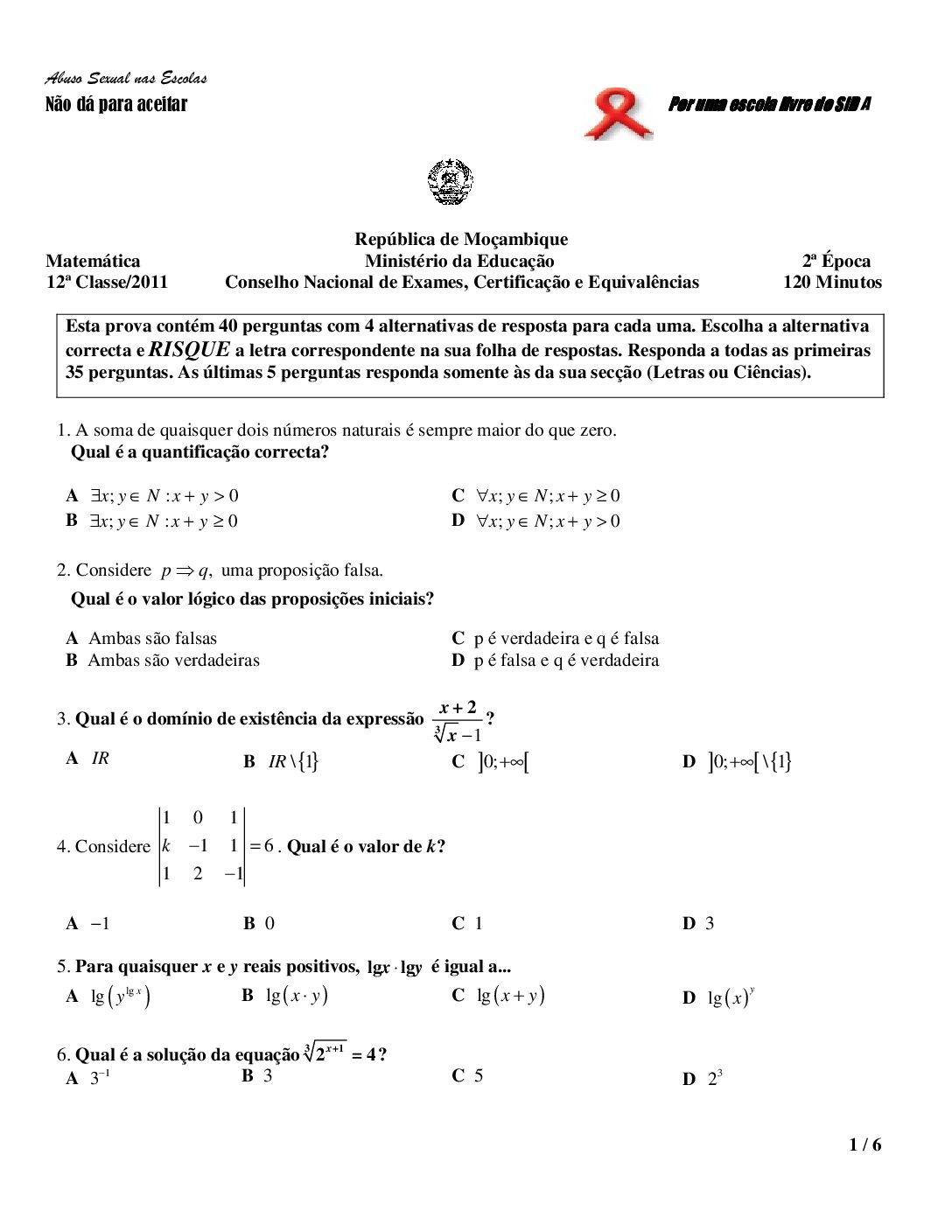 Matemática – 2011 da 12ª Classe – 2ª Chamada (Enunciado e Resolução do Exame Final em PDF)