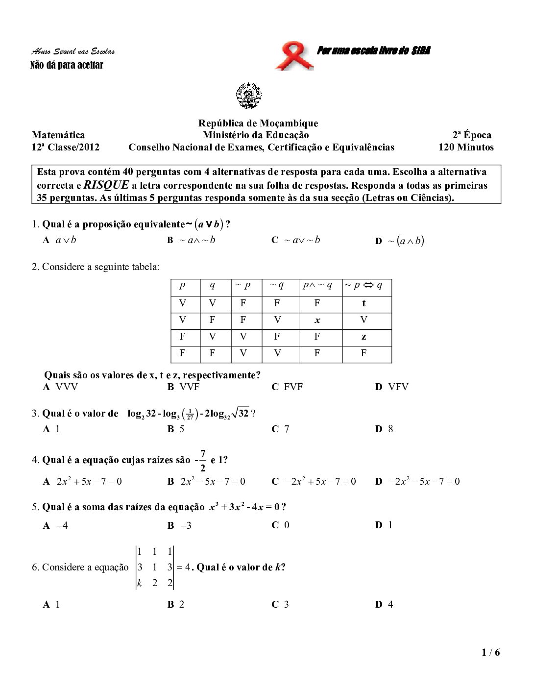Matemática – 2012 da 12ª Classe – 1ª Chamada (Enunciado e Resolução do Exame Final em PDF)