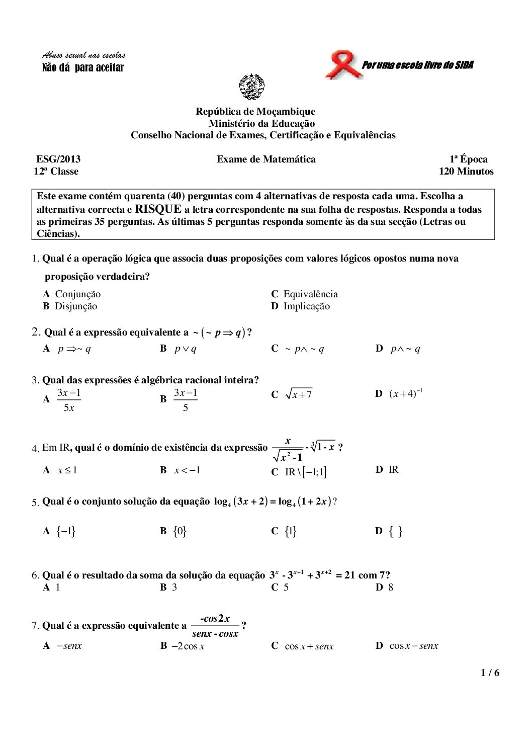 Matemática – 2013 da 12ª Classe – 1ª Chamada (Enunciado e Resolução do Exame Final em PDF)
