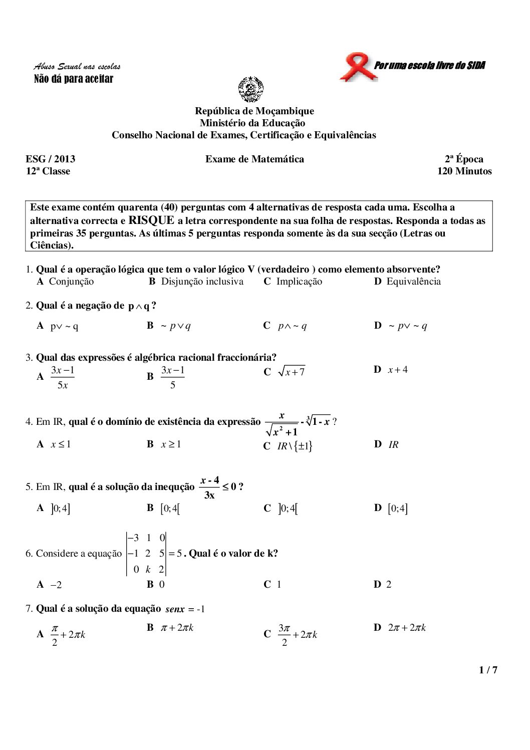 Matemática – 2013 da 12ª Classe – 2ª Chamada (Enunciado e Resolução do Exame Final em PDF)