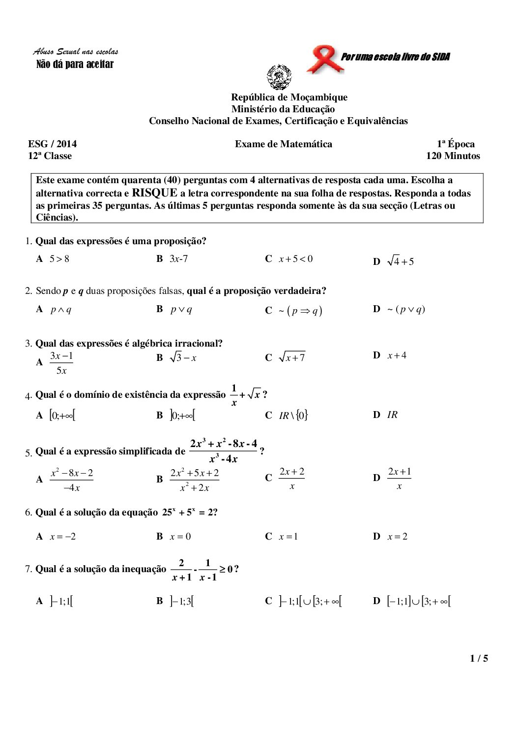 Matemática – 2014 da 12ª Classe – 1ª Chamada (Enunciado e Resolução do Exame Final em PDF)