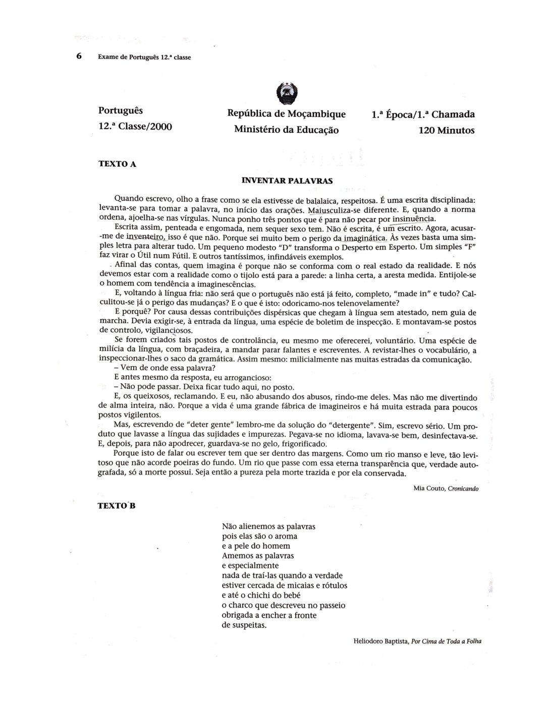 Português – 2000 da 12ª Classe – 1ª Chamada (Enunciado e Resolução do Exame Final em PDF)