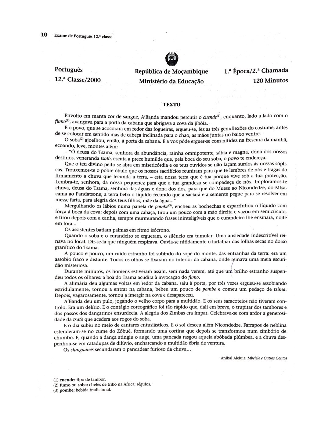 Português – 2000 da 12ª Classe – 2ª Chamada (Enunciado e Resolução do Exame Final em PDF)
