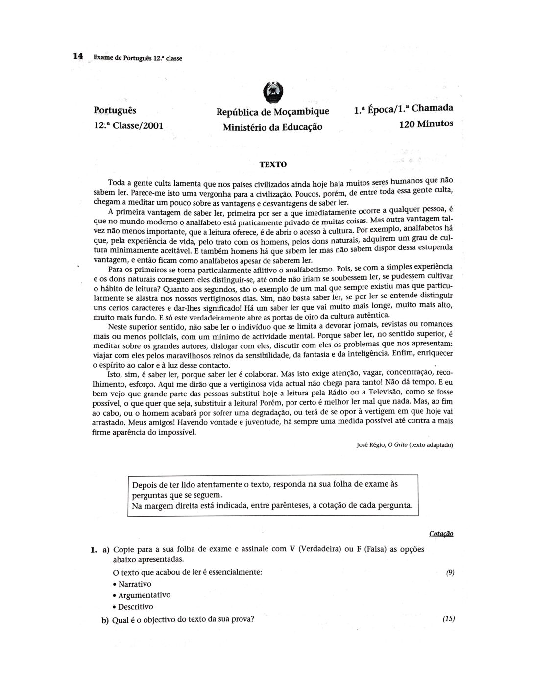 Português – 2001 da 12ª Classe – 1ª Chamada (Enunciado e Resolução do Exame Final em PDF)