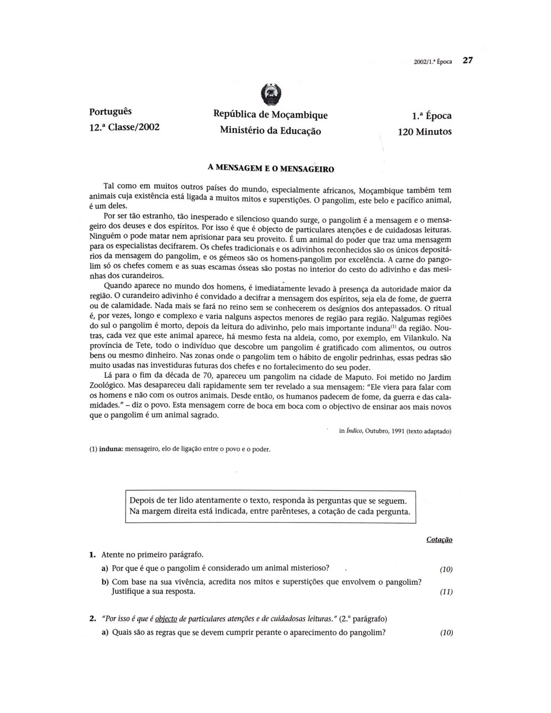 Português – 2002 da 12ª Classe – 1ª Chamada (Enunciado e Resolução do Exame Final em PDF)