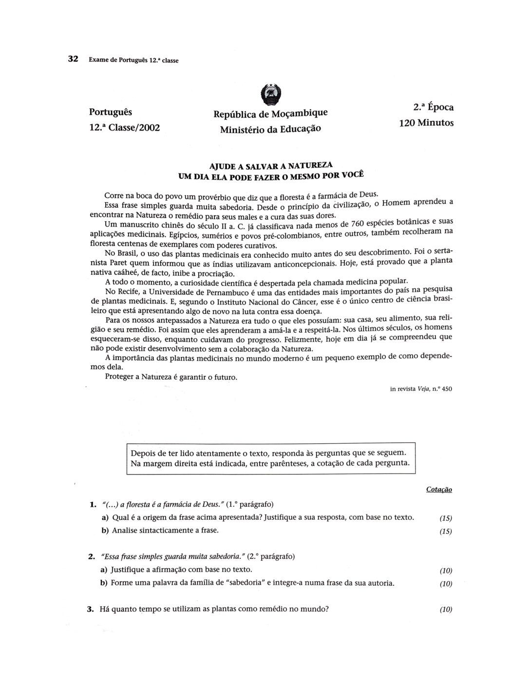 Português – 2002 da 12ª Classe – 2ª Chamada (Enunciado e Resolução do Exame Final em PDF)