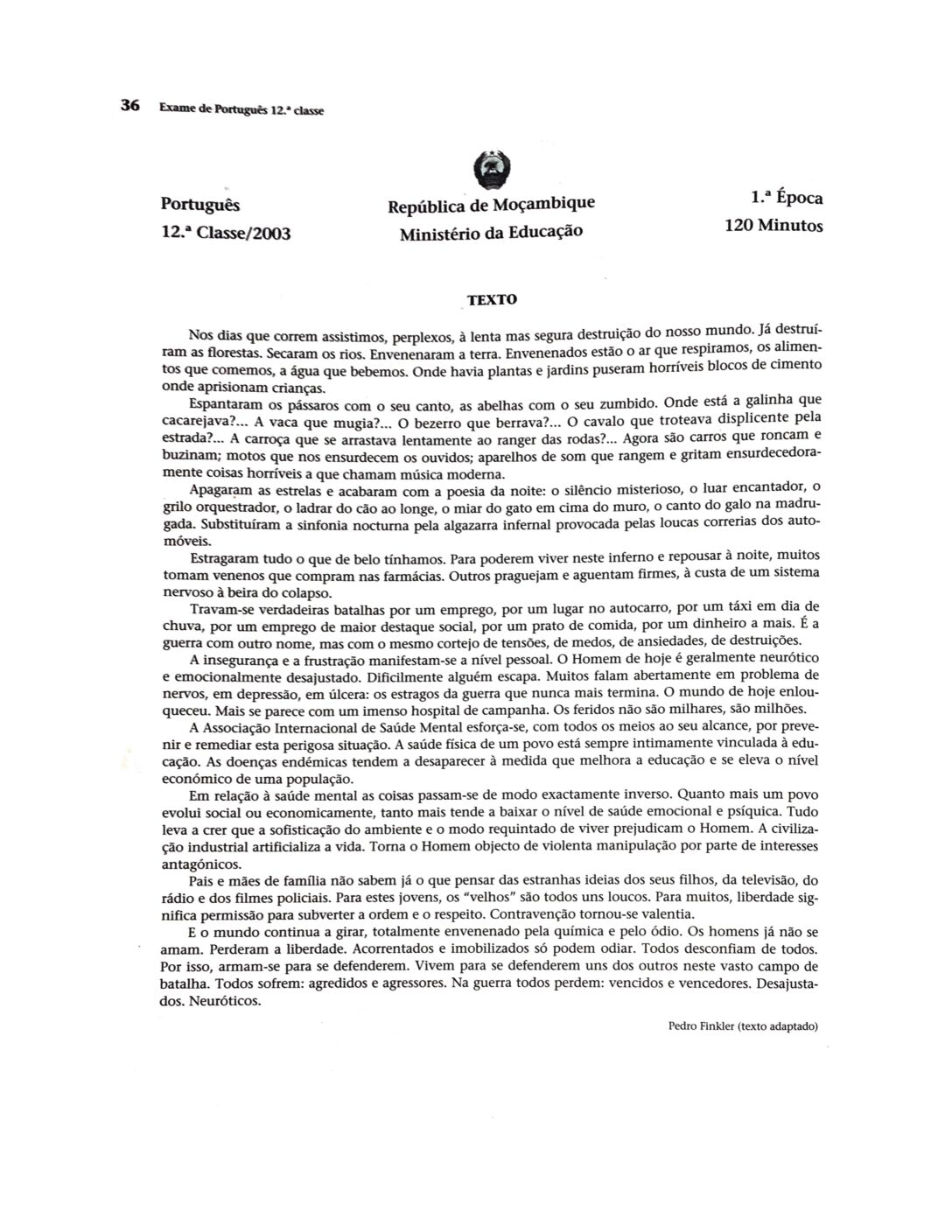 Português – 2003 da 12ª Classe – 1ª Chamada (Enunciado e Resolução do Exame Final em PDF)