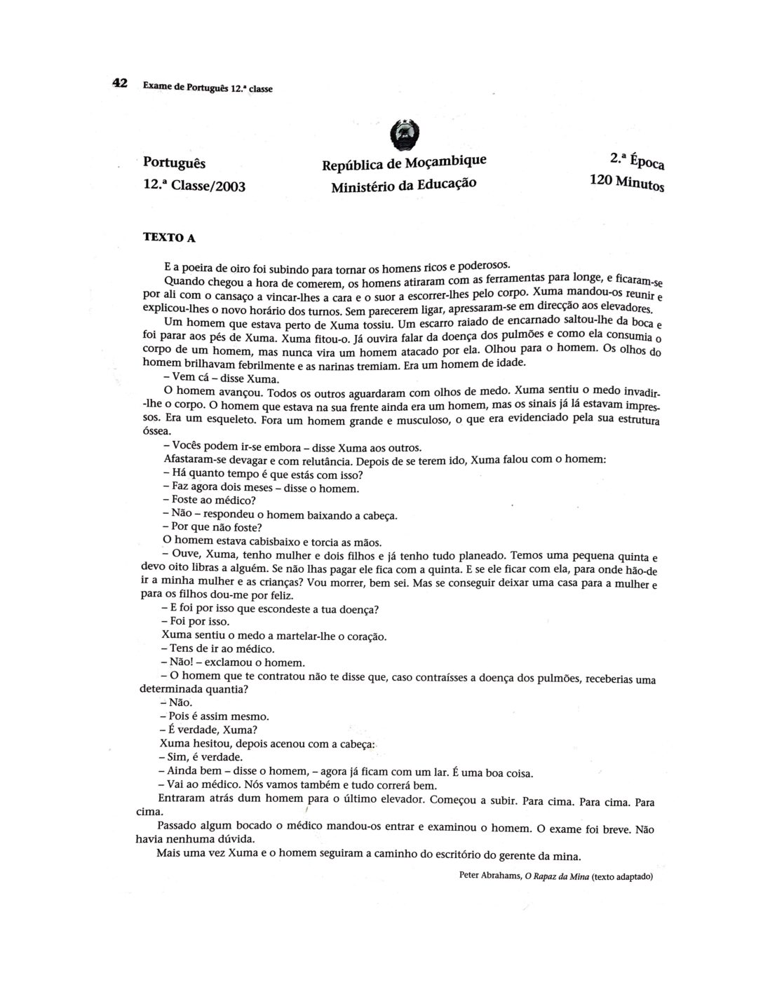 Português – 2003 da 12ª Classe – 2ª Chamada (Enunciado e Resolução do Exame Final em PDF)