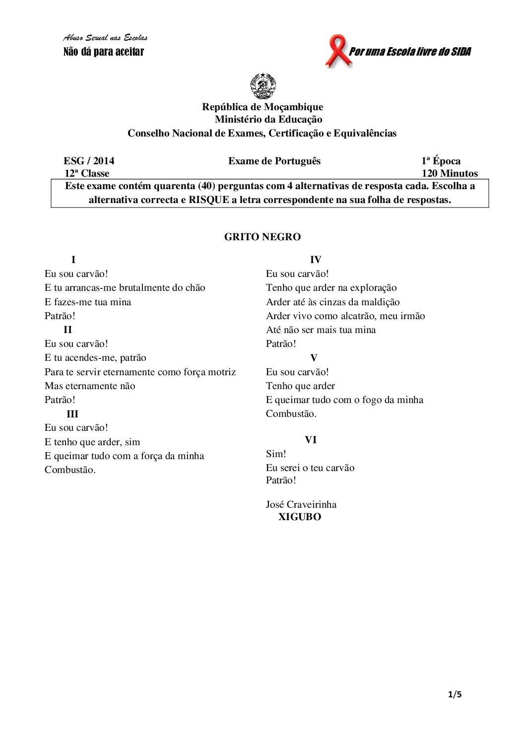 Português – 2014 da 12ª Classe – 1ª Chamada (Enunciado e Resolução do Exame Final em PDF)