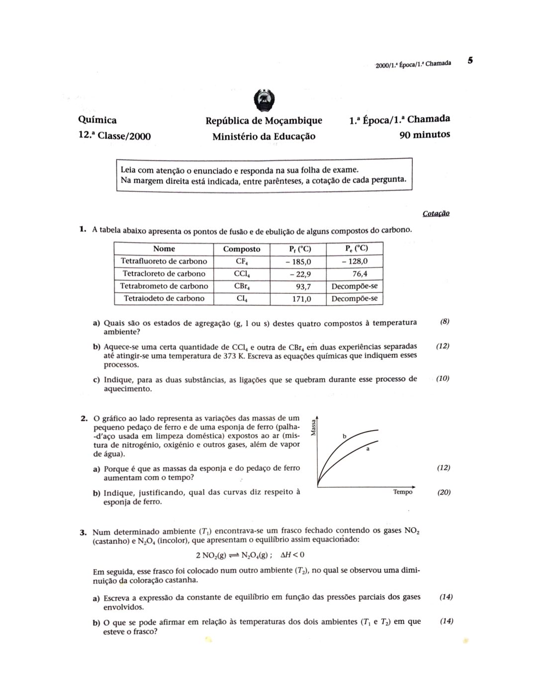 Química – 2000 da 12ª Classe – 1ª Chamada (Enunciado e Resolução do Exame Final em PDF)