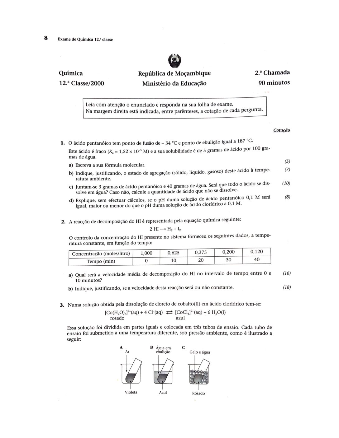 Química – 2000 da 12ª Classe – 2ª Chamada (Enunciado e Resolução do Exame Final em PDF)