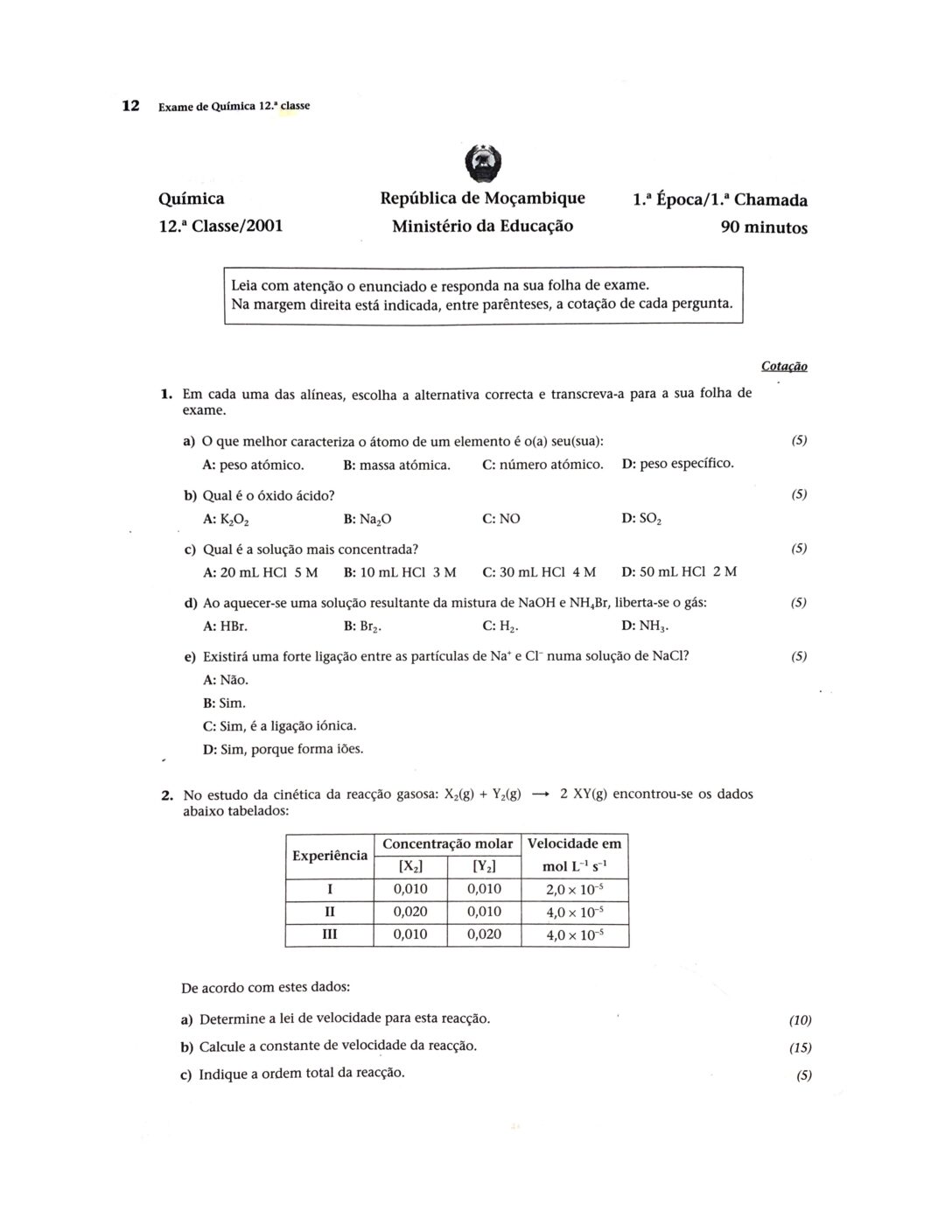 Química – 2001 da 12ª Classe – 1ª Chamada (Enunciado e Resolução do Exame Final em PDF)