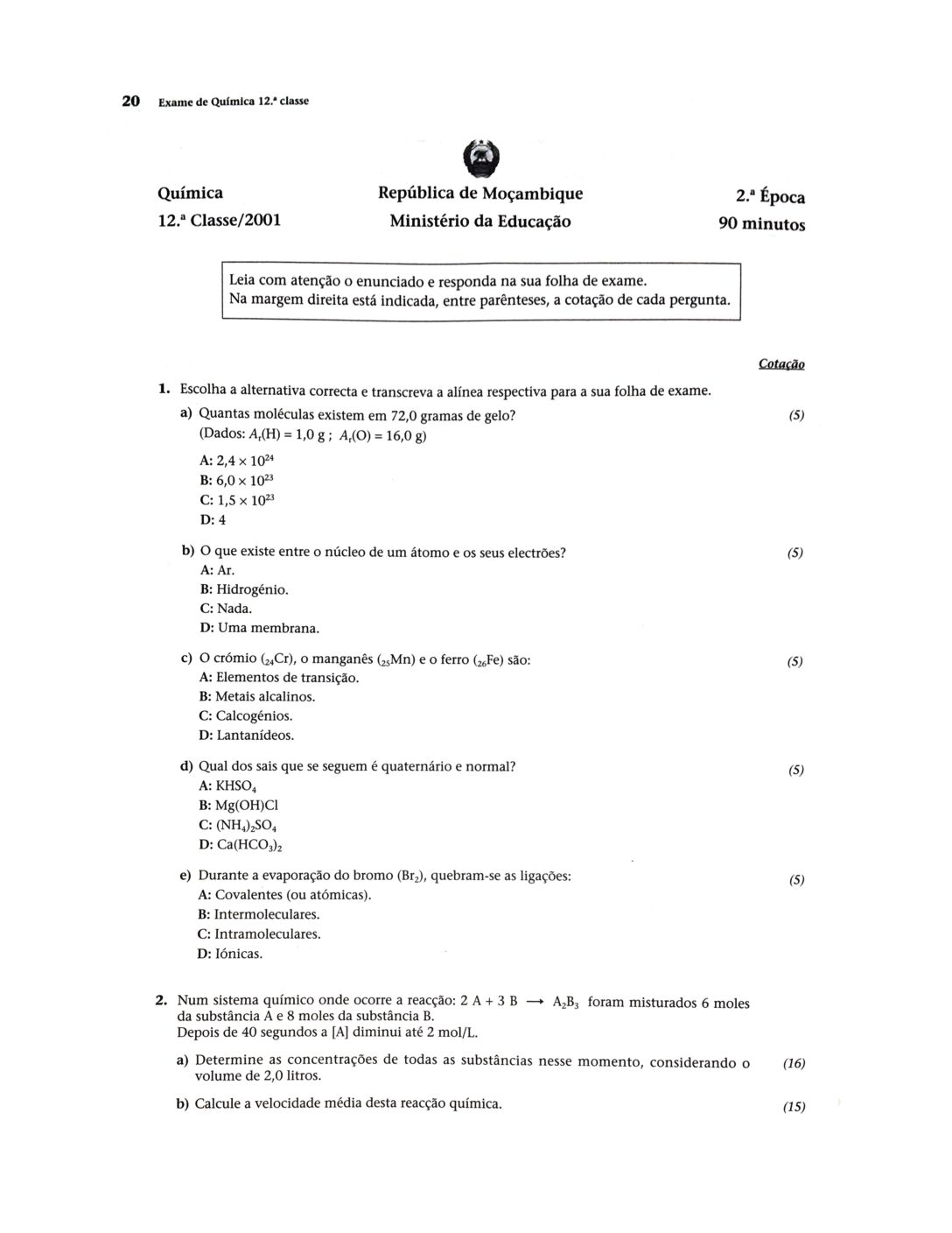 Química – 2001 da 12ª Classe – 2ª Chamada (Enunciado e Resolução do Exame Final em PDF)