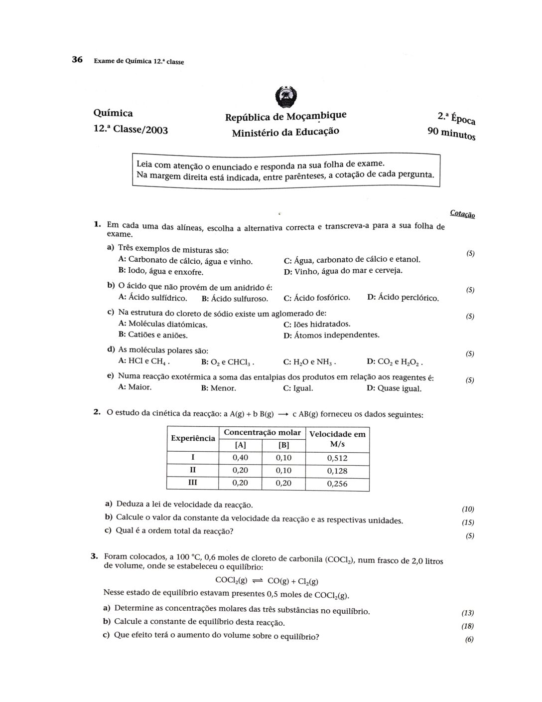 Química – 2003 da 12ª Classe – 2ª Chamada (Enunciado e Resolução do Exame Final em PDF)