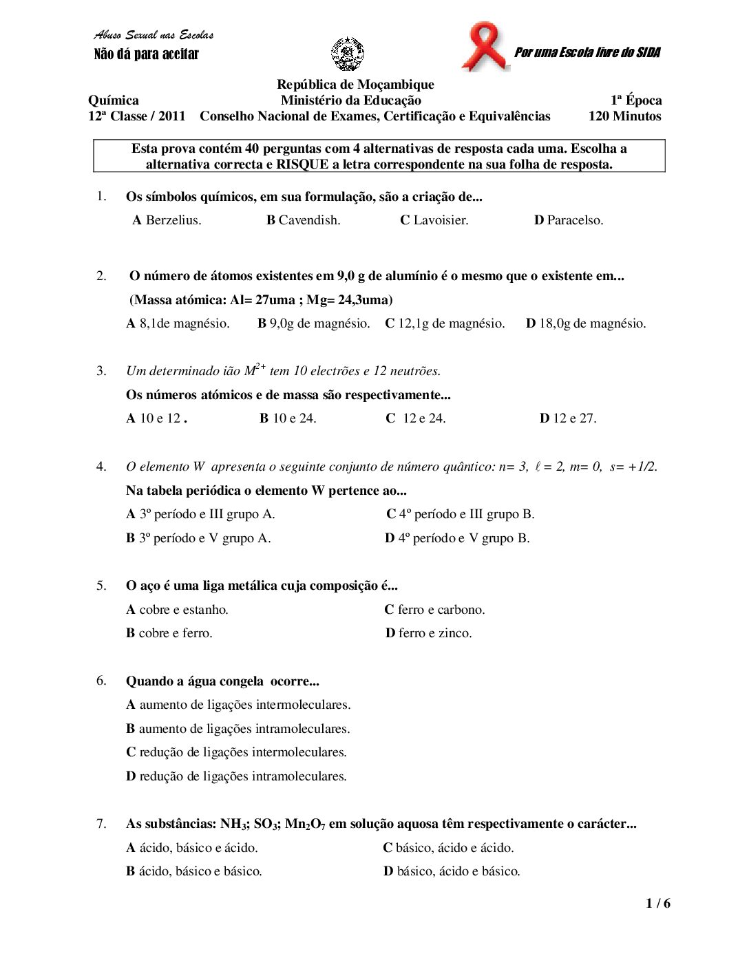 Química – 2011 da 12ª Classe – 1ª Chamada (Enunciado e Resolução do Exame Final em PDF)