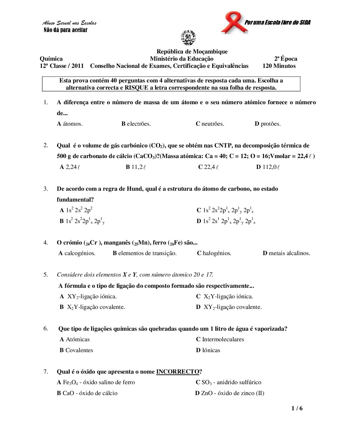 Química – 2011 da 12ª Classe – 2ª Chamada (Enunciado e Resolução do Exame Final em PDF)