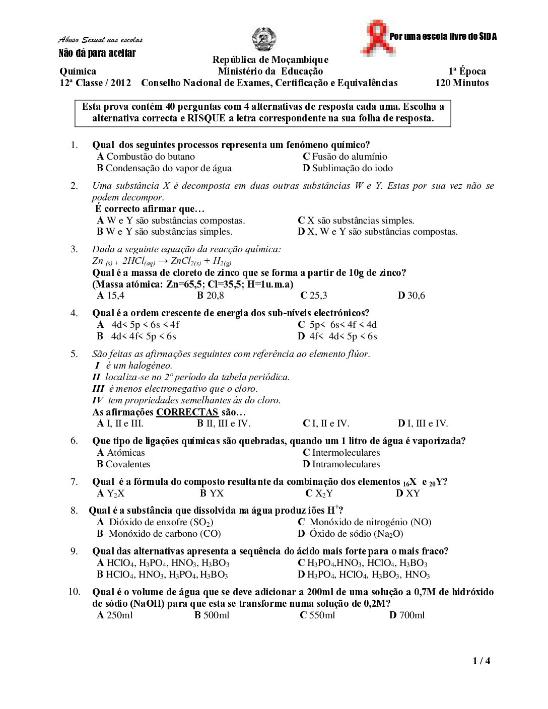 Química – 2012 da 12ª Classe – 1ª Chamada (Enunciado e Resolução do Exame Final em PDF)