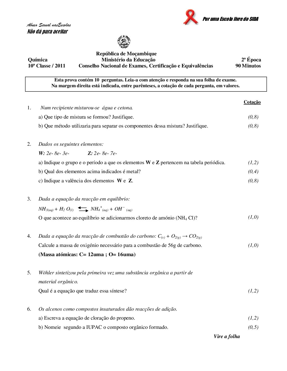 Química – 2012 da 12ª Classe – 2ª Chamada (Enunciado e Resolução do Exame Final em PDF)
