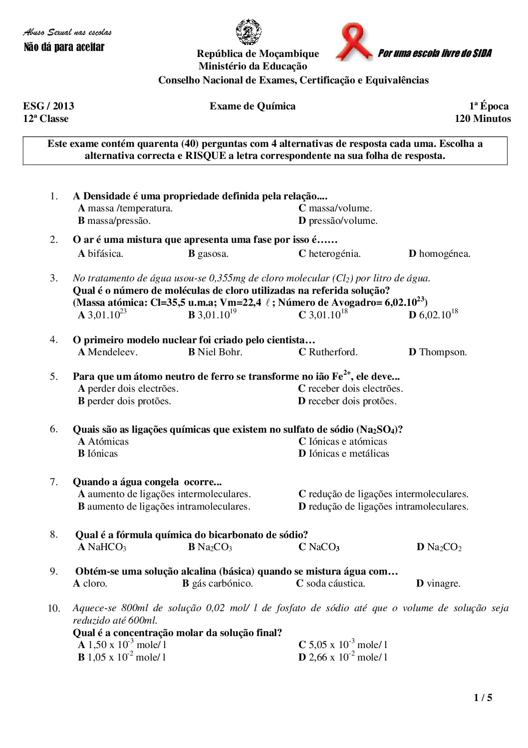 Química – 2013 da 12ª Classe – 1ª Chamada (Enunciado e Resolução do Exame Final em PDF)