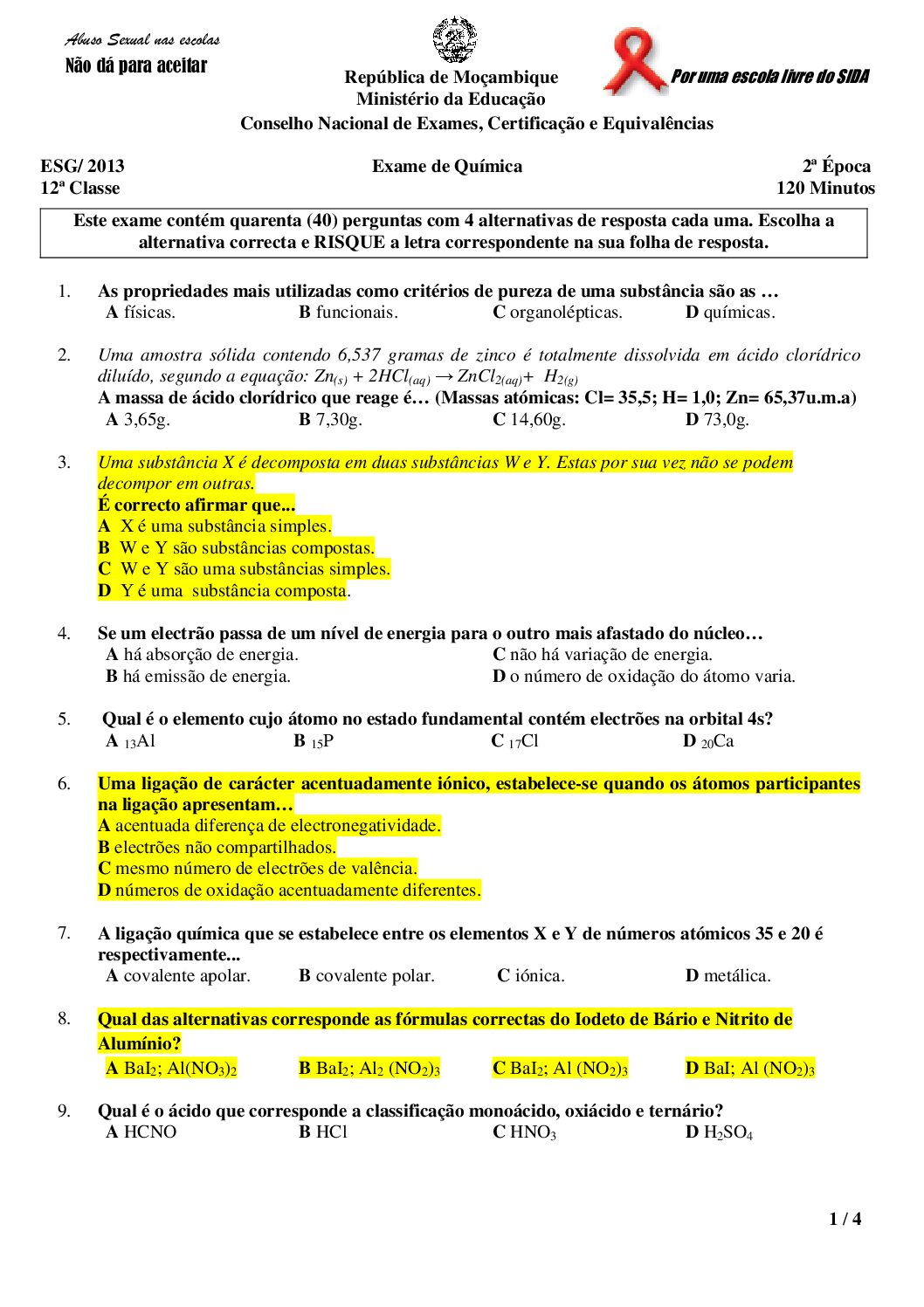 Química – 2013 da 12ª Classe – 2ª Chamada (Enunciado e Resolução do Exame Final em PDF)