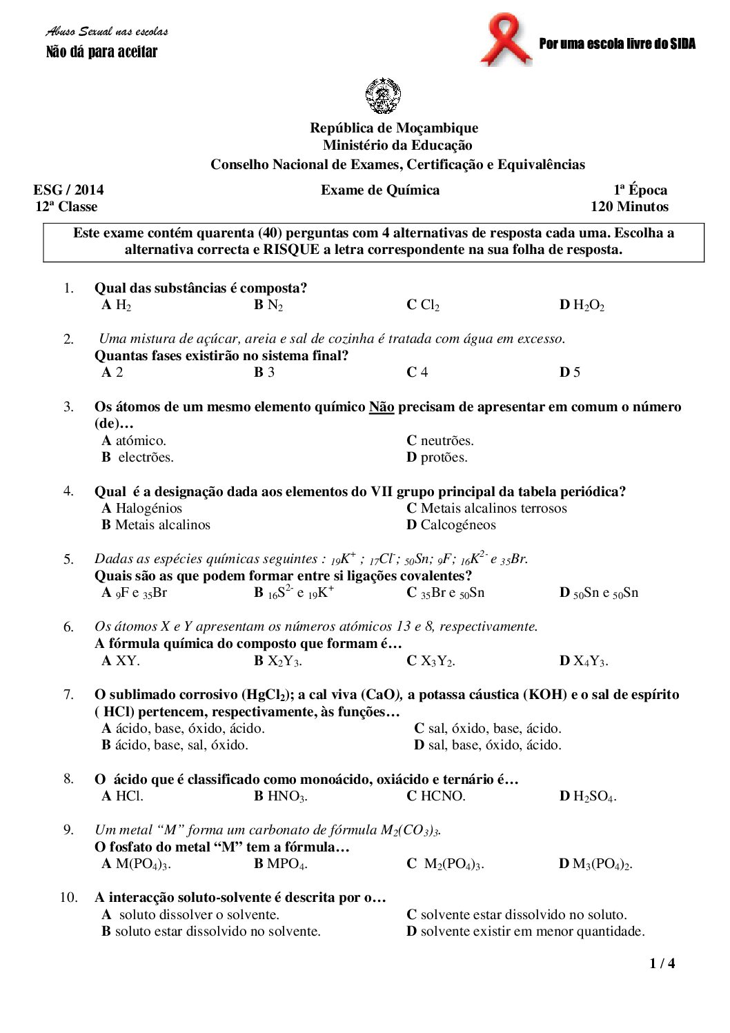 Química – 2014 da 12ª Classe – 1ª Chamada (Enunciado e Resolução do Exame Final em PDF)