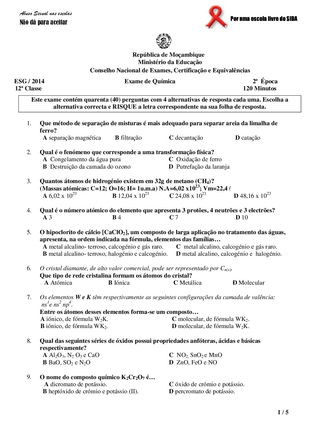 Química – 2014 da 12ª Classe – 2ª Chamada (Enunciado e Resolução do Exame Final em PDF)